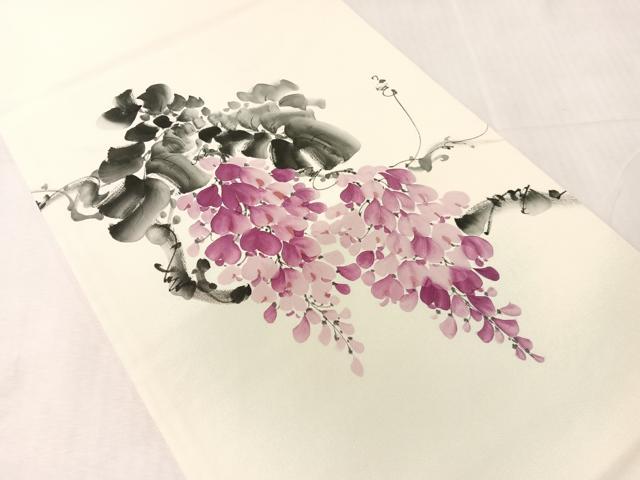 平和屋着物●塩瀬 九寸開き名古屋帯 手描き 藤花房 正絹 逸品 CABJ7299vp