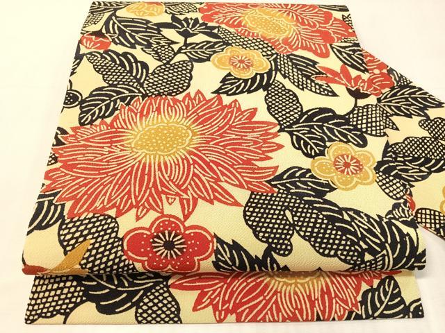 平和屋着物●全通柄 九寸名古屋帯 型染め 草花文 鬼しぼ縮緬 正絹 逸品 CABJ7325vp