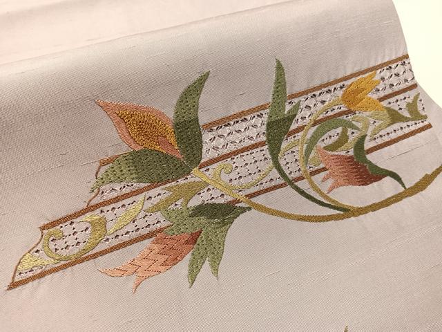 平和屋着物●中国三大刺繍 スワトウ相良刺繍 総刺繍 九寸名古屋帯 紬地 花唐草文 正絹 逸品 CABJ7332vp