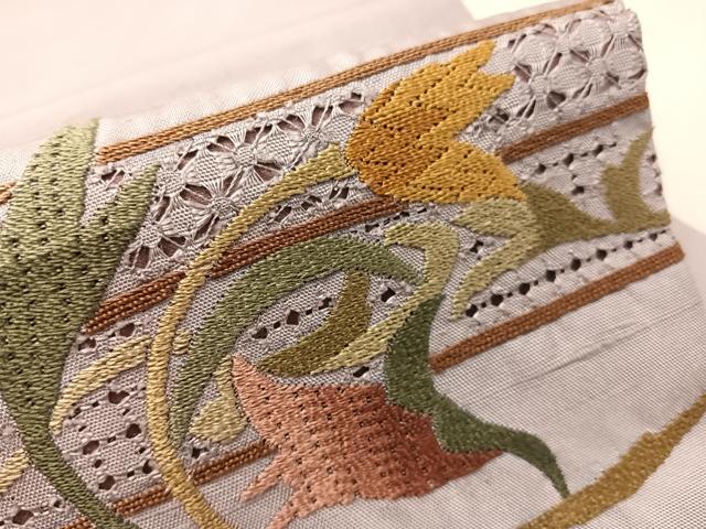 平和屋着物●中国三大刺繍 スワトウ相良刺繍 総刺繍 九寸名古屋帯 紬地 花唐草文 正絹 逸品 CABJ7332vp