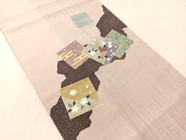 平和屋着物●両面 太鼓柄京袋帯 作家物 紬地 色紙花文 金彩 正絹 逸品 未使用 CABJ7336vp