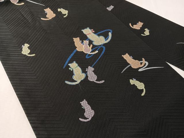 平和屋着物●九寸名古屋帯 猫 黒地 正絹 逸品 CABJ7343vp