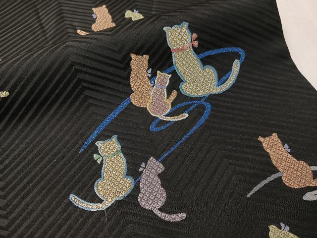 平和屋着物●九寸名古屋帯 猫 黒地 正絹 逸品 CABJ7343vp
