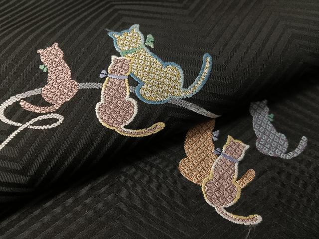 平和屋着物●九寸名古屋帯 猫 黒地 正絹 逸品 CABJ7343vp