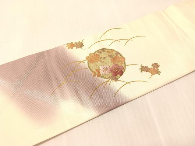 平和屋着物●九寸名古屋帯 刺繍 笹花丸文 銀通し地 逸品 CABJ7348vp