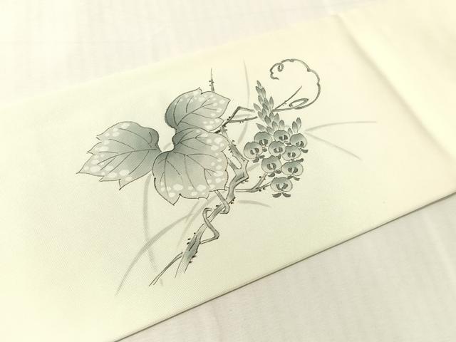 平和屋着物●塩瀬 九寸名古屋帯 手描き 蔦の葉花文 正絹 逸品 CABJ7351vp