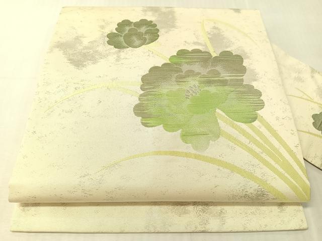 平和屋着物●九寸名古屋帯 草花文 銀糸 正絹 逸品 CABJ7352vp