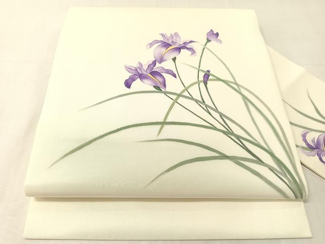 平和屋着物●塩瀬 九寸名古屋帯 作家物 手描き 杜若 正絹 逸品 CABJ7362vp