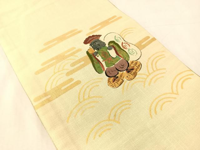 平和屋着物●太鼓柄袋帯 作家物 手描き 紬地 恵比寿 金彩 正絹 逸品 CABJ7366vp