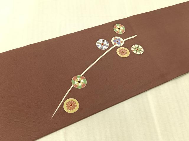 平和屋着物●塩瀬 九寸名古屋帯 刺繍 吉祥丸文 金彩 正絹 逸品 CABJ7381vp