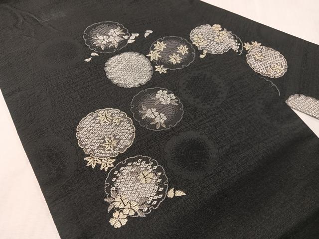 平和屋着物●九寸名古屋帯 雪輪花文 黒地 銀糸 正絹 逸品 CABJ7385vp