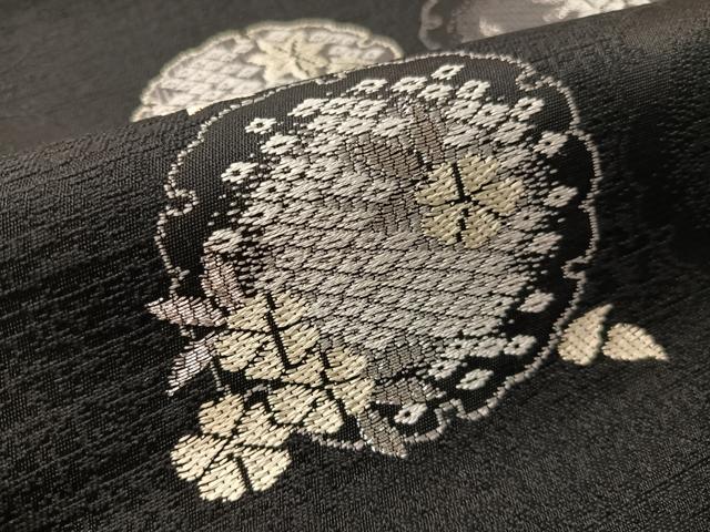 平和屋着物●九寸名古屋帯 雪輪花文 黒地 銀糸 正絹 逸品 CABJ7385vp