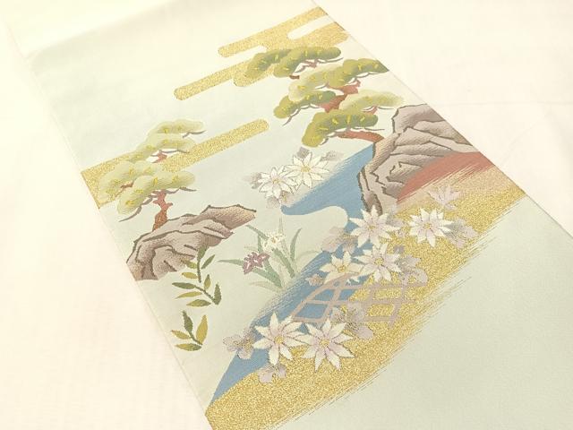 平和屋着物●爪掻き本綴れ 八寸名古屋帯 流水花松文 金銀糸 正絹 逸品 未使用 CABJ7396vp