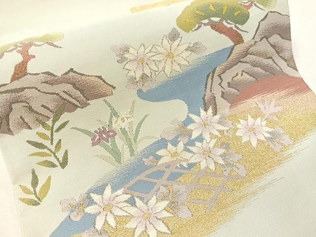 平和屋着物●爪掻き本綴れ 八寸名古屋帯 流水花松文 金銀糸 正絹 逸品 未使用 CABJ7396vp