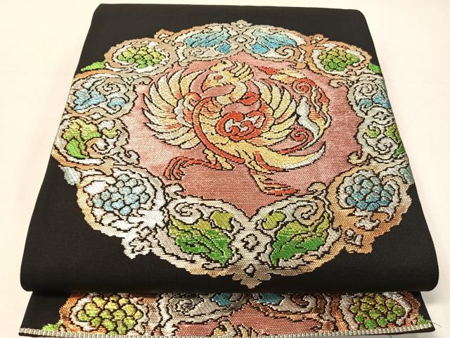 平和屋着物●六通柄袋帯 正倉院鳳凰唐華文 黒地 金銀糸 正絹 逸品 CABJ7399vp