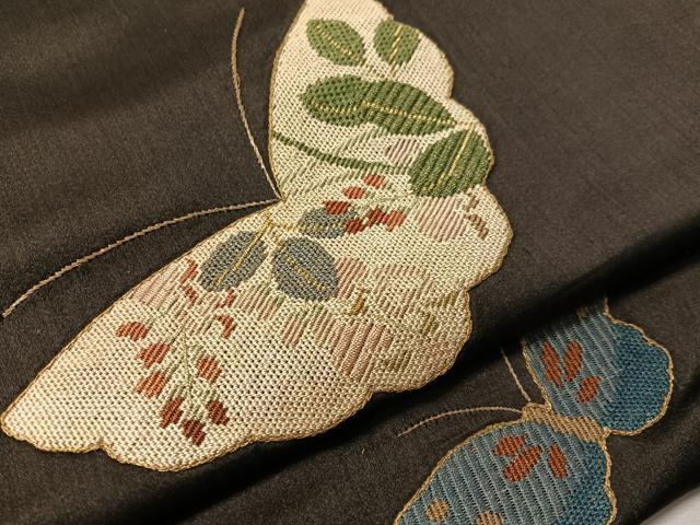 平和屋着物●アンティーク 大正ロマン 九寸名古屋帯 絽刺し 区限刺繍 総刺繍 舞蝶文 黒地 金銀糸 正絹 逸品 CABJ7413vp
