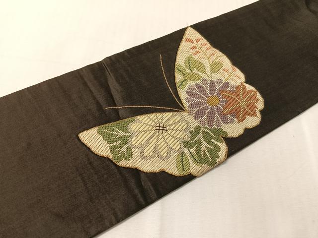 平和屋着物●アンティーク 大正ロマン 九寸名古屋帯 絽刺し 区限刺繍 総刺繍 舞蝶文 黒地 金銀糸 正絹 逸品 CABJ7413vp