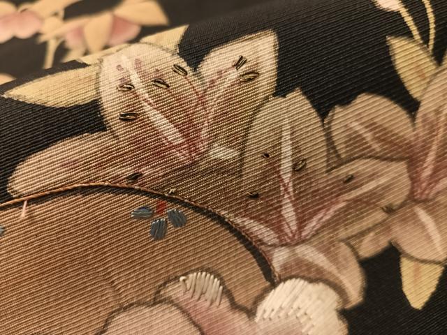 平和屋着物●アンティーク 大正ロマン 六通柄京袋帯 刺繍 花鼓文 黒地 正絹 逸品 CABJ7415vp