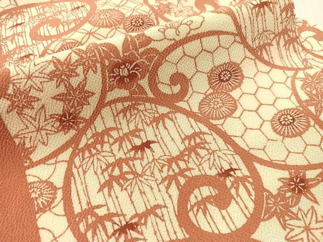 平和屋着物●全通柄 九寸名古屋帯 型染め 花唐草間道 鬼しぼ縮緬 正絹 逸品 CABJ7420vp