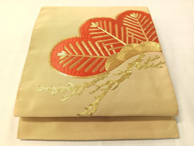 平和屋着物●爪掻き本綴れ 総刺繍 八寸名古屋帯 駒刺繍 松 金糸 正絹 逸品 CABJ7458vp