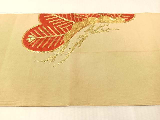 平和屋着物●爪掻き本綴れ 総刺繍 八寸名古屋帯 駒刺繍 松 金糸 正絹 逸品 CABJ7458vp