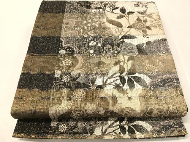 平和屋着物▽全通柄袋帯 スリーシーズン 春夏秋 草花間道 金糸 正絹 逸品 CABJ7462vp