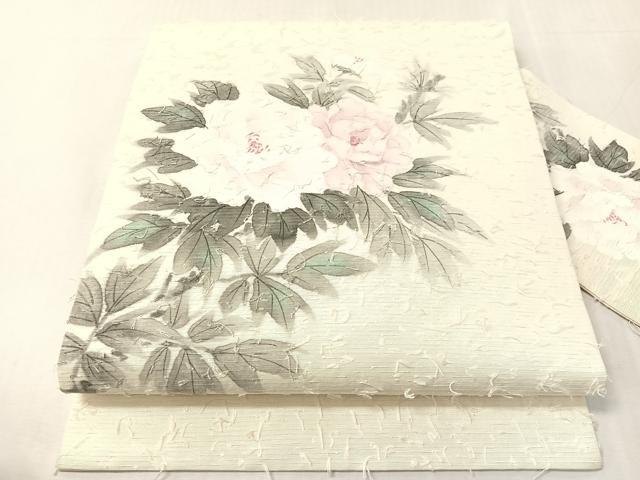 平和屋着物●九寸名古屋帯 作家物 手描き ひげ紬 草花文 正絹 逸品 CABJ7464vp