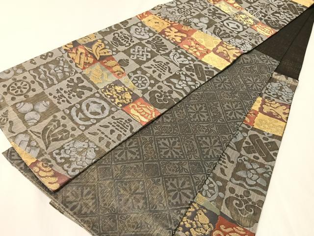 平和屋着物●六通柄袋帯 市松吉祥文 金糸 正絹 逸品 CABJ7469vp