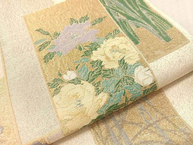 平和屋着物●九寸開き名古屋帯 寿光織 琳派色紙絵図 金糸 銀通し地 正絹 逸品 CABJ7478vp