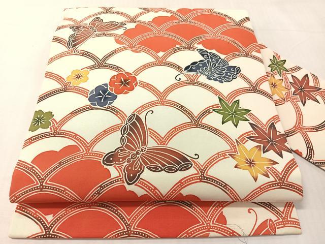 平和屋着物●塩瀬 全通柄 九寸名古屋帯 型染め 青海波花蝶文 正絹 逸品 CABJ7486vp
