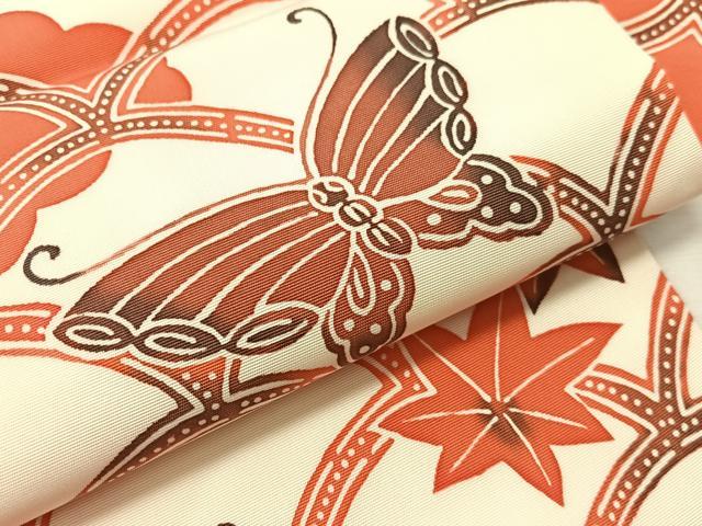 平和屋着物●塩瀬 全通柄 九寸名古屋帯 型染め 青海波花蝶文 正絹 逸品 CABJ7486vp
