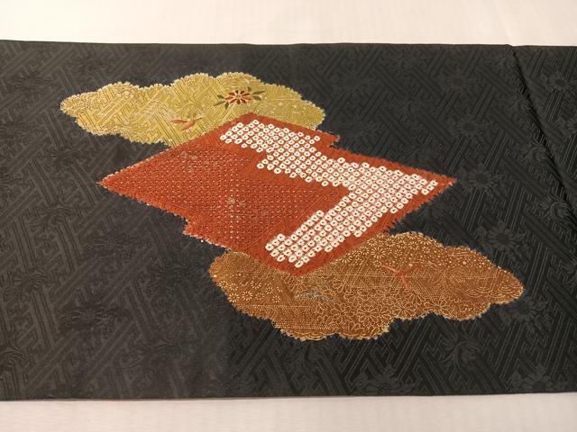 平和屋着物●中国三大刺繍 スワトウ刺繍 太鼓柄袋帯 絞り 雲取り花鳥文 黒地 金彩 正絹 逸品 CABJ7511vp