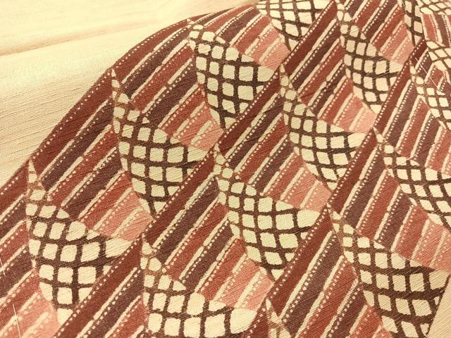 平和屋着物●インド・アッサム 野蚕糸 手織 ムガシルク 九寸名古屋帯 型染め 幾何学文様 正絹 逸品 CABJ7514vp