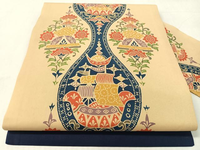 平和屋着物●塩瀬 全通柄 九寸名古屋帯 型染め 立涌船花文 正絹 逸品 CABJ7524vp