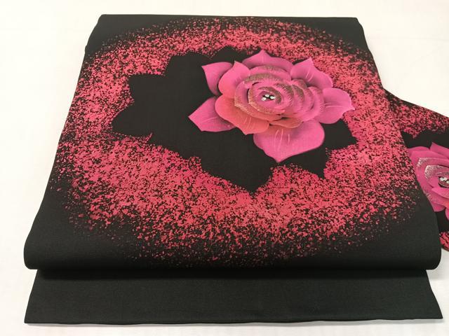 平和屋着物●塩瀬 九寸名古屋帯 刺繍 バラ 黒地 銀糸 正絹 逸品 CABJ7528vp