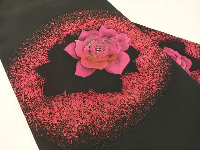 平和屋着物●塩瀬 九寸名古屋帯 刺繍 バラ 黒地 銀糸 正絹 逸品 CABJ7528vp