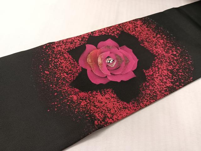 平和屋着物●塩瀬 九寸名古屋帯 刺繍 バラ 黒地 銀糸 正絹 逸品 CABJ7528vp