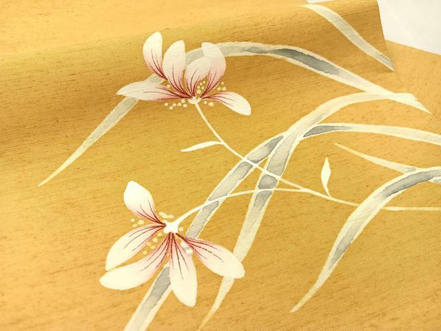 平和屋着物●九寸名古屋帯 紬地 手描き 草花文 正絹 逸品 未使用 CABJ7532vp