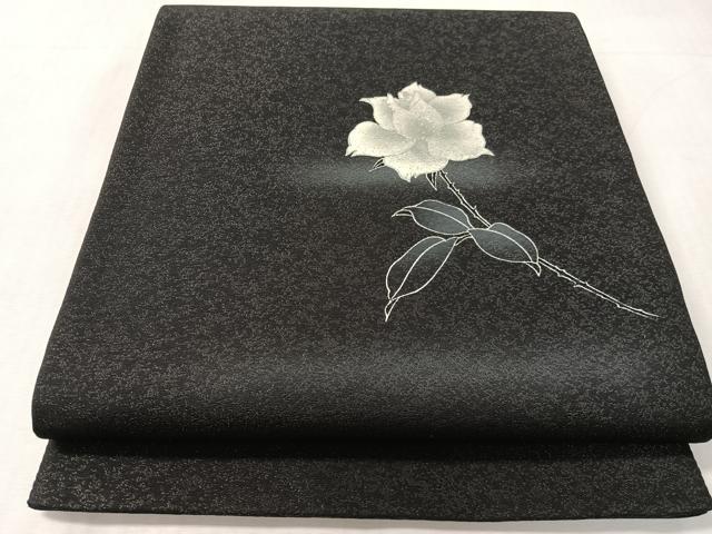 平和屋着物●太鼓柄袋帯 バラ 黒地 銀通し地 正絹 逸品 CABJ7535vp