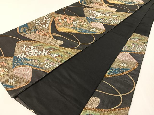 平和屋着物●六通柄袋帯 花絵巻文 黒地 金銀糸 正絹 逸品 CABJ7550vp