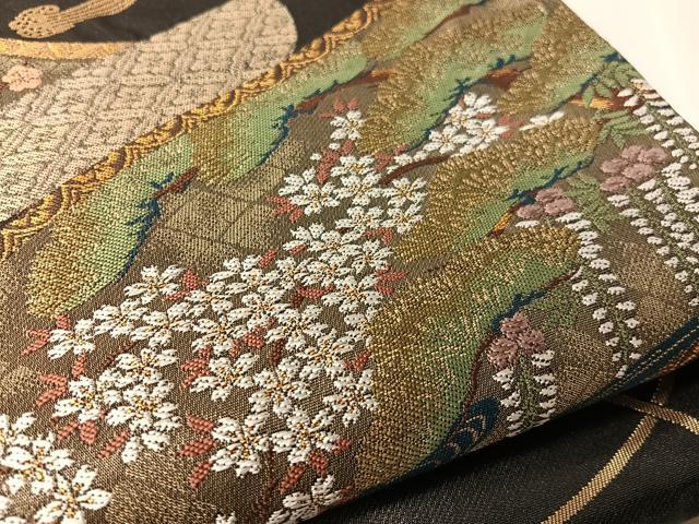 平和屋着物●六通柄袋帯 花絵巻文 黒地 金銀糸 正絹 逸品 CABJ7550vp