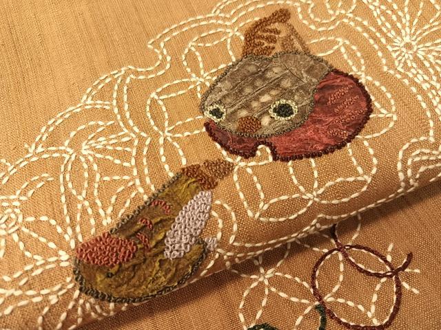 平和屋着物●中国三大刺繍 相良刺繍 総刺繍 刺し子 太鼓柄袋帯 抽象文様正絹 逸品 CABJ7559vp