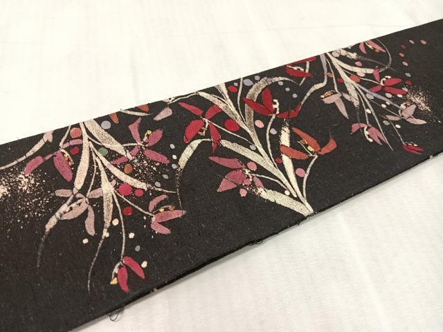 平和屋着物●九寸名古屋帯 紬地 手描手染 昭作 草花文 長尺 正絹 逸品 CABJ7568vp