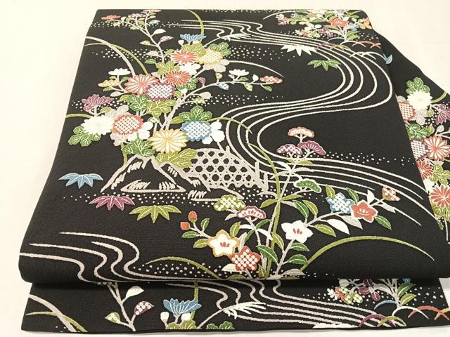 平和屋着物●全通柄 九寸名古屋帯 流水花文 正絹 逸品 CABJ7573vp