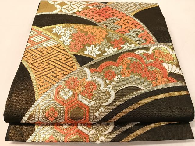 平和屋着物●西陣 川島織物 六通柄 本袋帯 青海波吉祥花文 黒地 金銀糸 正絹 逸品 CABJ7579vp