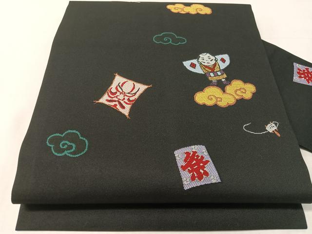 平和屋着物●九寸名古屋帯 凧 隈取 黒地 金糸 正絹 逸品 CABJ7583vp