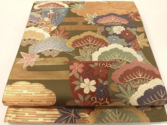 平和屋着物●ファッションデザイナー 花井幸子 六通柄袋帯 唐織 雲取り花松舟文 金糸 正絹 逸品 CABJ7587vp