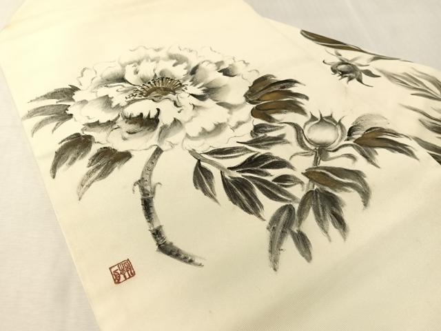 平和屋着物●塩瀬 九寸名古屋帯 作家物 手描き 枝花文 金彩 正絹 逸品 CABJ7590vp