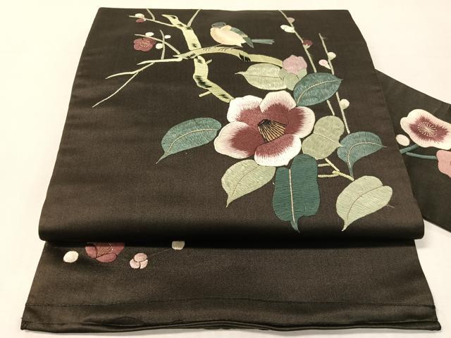 平和屋着物●アンティーク 大正ロマン 総手刺繍 九寸名古屋仕立て 枝花鳥文 黒地 正絹 逸品 CABJ7591vp