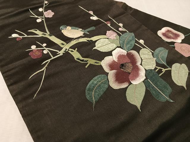 平和屋着物●アンティーク 大正ロマン 総手刺繍 九寸名古屋仕立て 枝花鳥文 黒地 正絹 逸品 CABJ7591vp